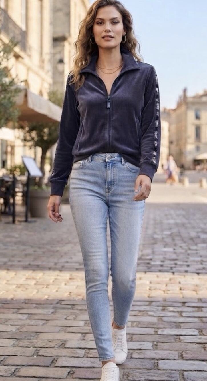 Esmara Navy Velour Track Jacket Sequin Sleeves M (8-10) Streetwear Y2K Bling